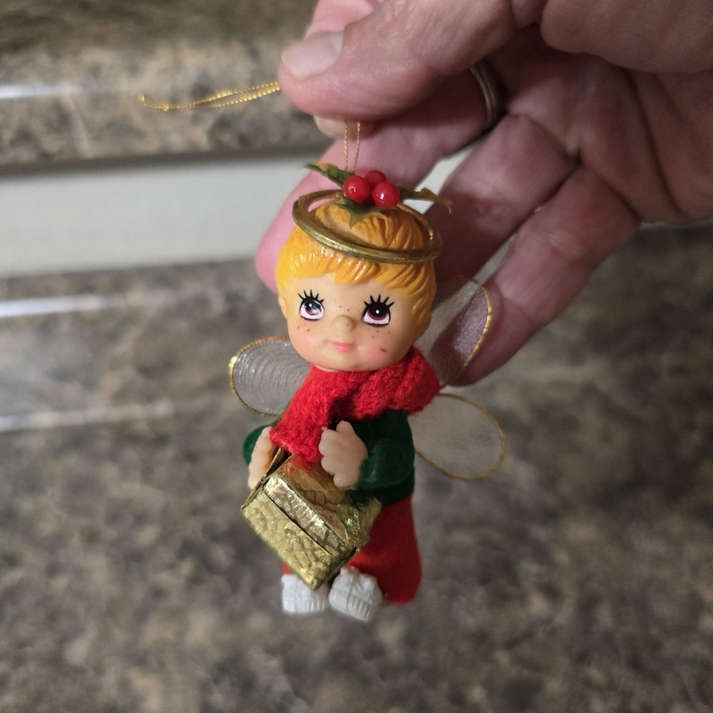 Vintage Angel Pixie‎ Elf Christmas Ornament Boy holding present